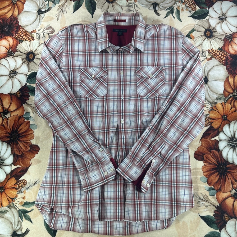 Banana Republic Mens Long Sleeve Plaid Button Up Shirt Flap Pocket Red Blue XL
